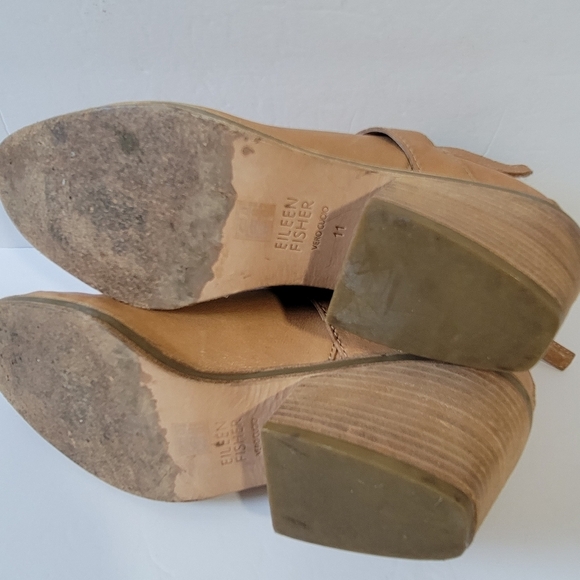 EILEEN FISHER Tan Leather Back Zip Bootie Sz 11 Chunky Block Heel Fall Academia - Picture 7 of 12